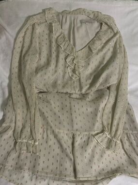 LOFT Cream Ruffled V-Neck Blouse with Gold Metallic Dots
